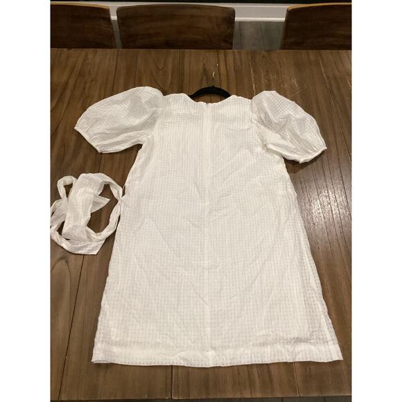 English Factory Check Print Mini Dress Belted Waist Puff Sleeve White Small - Picture 9 of 11